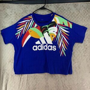 Adidas Womens Large T-Shirt Blue Cropped Short Sleeve Toucan Palm Print Graphic